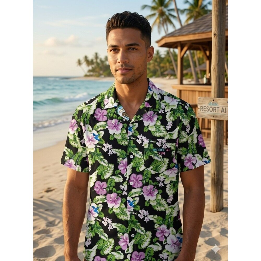 FC Inc Men’s LARGE Hawaiian Shirt Black Purple Hibiscus Floral Hummingbird